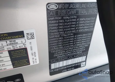 2020 Land Rover Range Rover Hse z USA, uszkodzony, nr VIN SALGS2RU0LA401534